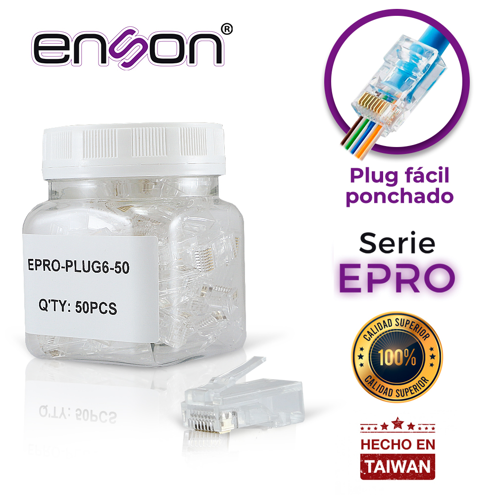 Plug Facil Ponchado Enson EPRO-PLUG6-50 Bote de 50 Pzs para Cable UTP CAT6 con Sistema de