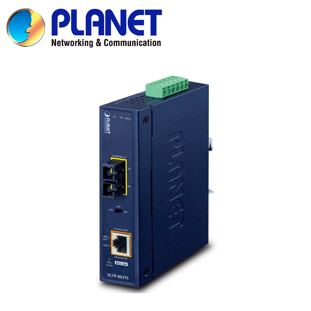 Convertidor de Medios POE Monomodo Industrial Planet IGTP-802TS