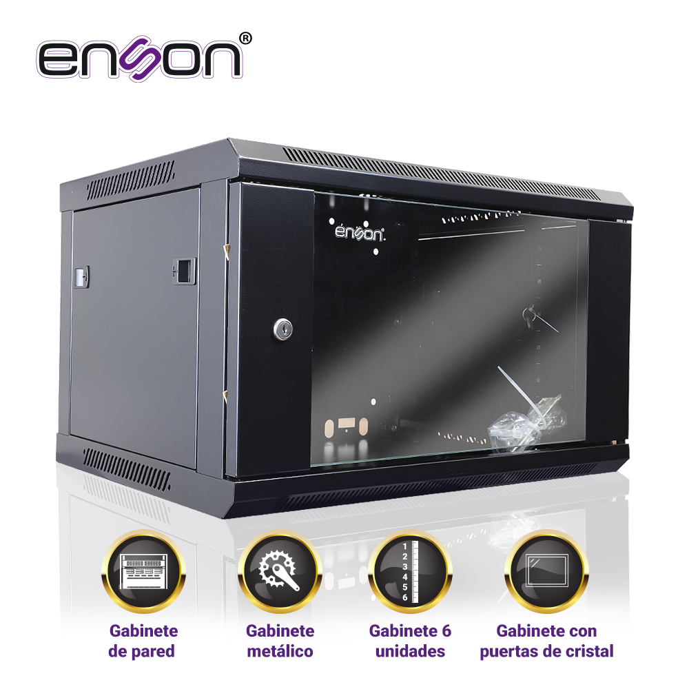Gabinete de Pared Enson ENS-RKGB6U 6UR Puerta Frontal de Cristal Templado con Cerradura