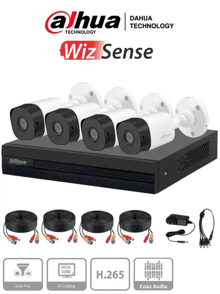 [DH-KIT/XVR1B04-I/4-B1A11N-0280B] DAHUA KITXVR1B04-I1MP-2.8 - Kit de 4 canales con cámaras B1A11 de 1 megapíxel,