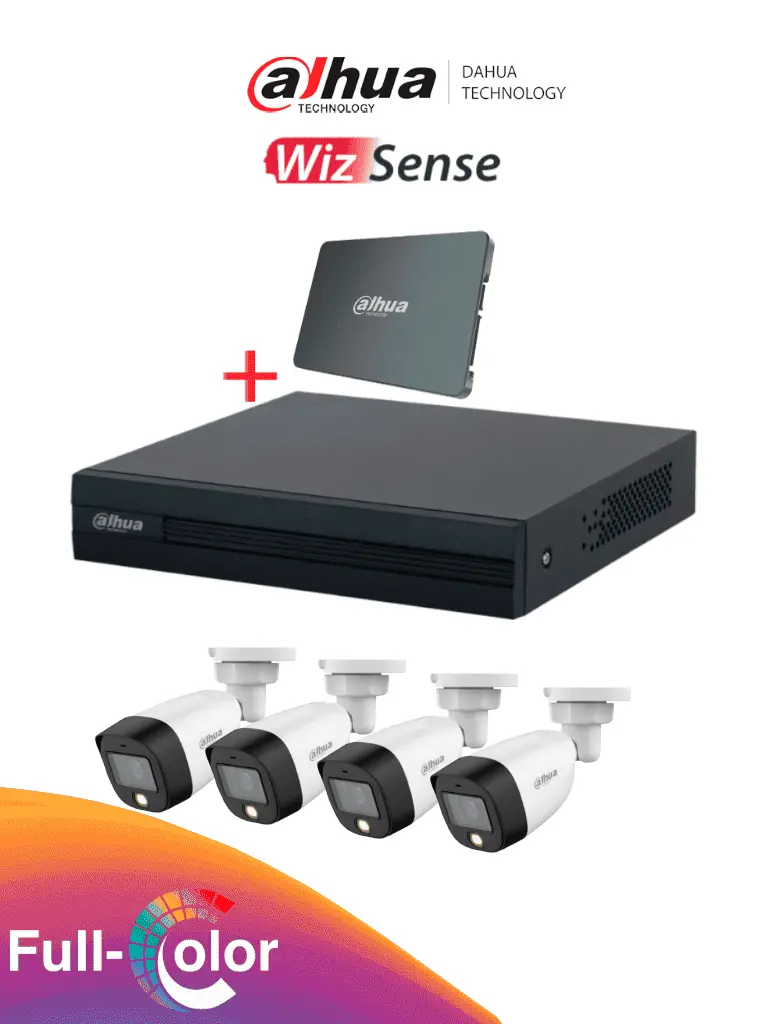 Kit DAHUA XVR 4 canales FullColor — SSD 512GB + 4 cámaras 2MP