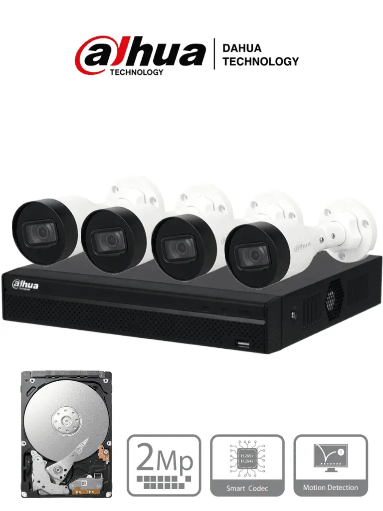DAHUA KITNVR1104HS-P+4C1TB- Kit IP de 4 canales con NVR con 4 puertos PoE, 1TB de almacenamiento, y 4 cámaras bullet de 2MP