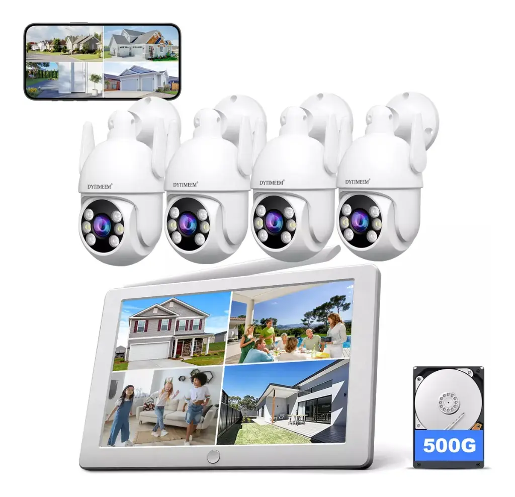 Dytimeem® Kit Camaras Seguridad Circuito Cerrado Con Pantalla Color Blanco Ptz Camaras,2 Mp,nvr 500g,