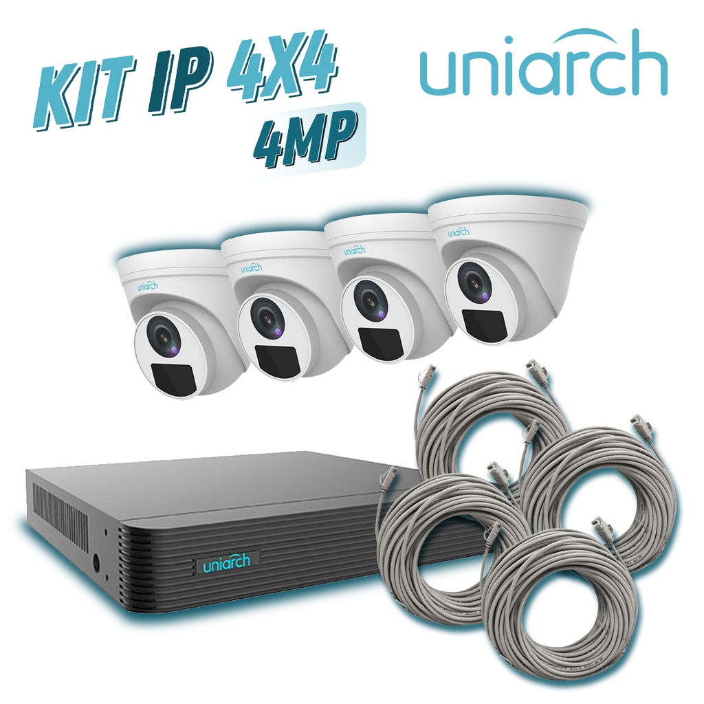 Kit 4X4 Uniarch IP Turret Interior KIT 1 x NVR-104E2-P4 + 4 x IPC-T124-APF28K + 4 x ENS-IP18CAT6