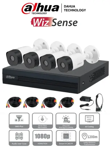 [DH-KIT/XVR1B04-I/4-B1A21N-0360B] DAHUA KITXVR1B04-I+4B1A21 -Kit de 4 Canales de 2 Megapíxeles 