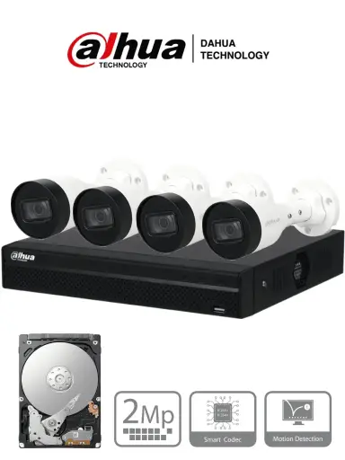 [DH-KIT/NVR1104HS-P-S3/H-1T/4-HFW1230S1P-0280B-S5-QH2] DAHUA KITNVR1104HS-P+4C1TB- Kit IP de 4 canales con NVR con 4 puertos PoE, 1TB de almacenamiento, y 4 cámaras bullet de 2MP