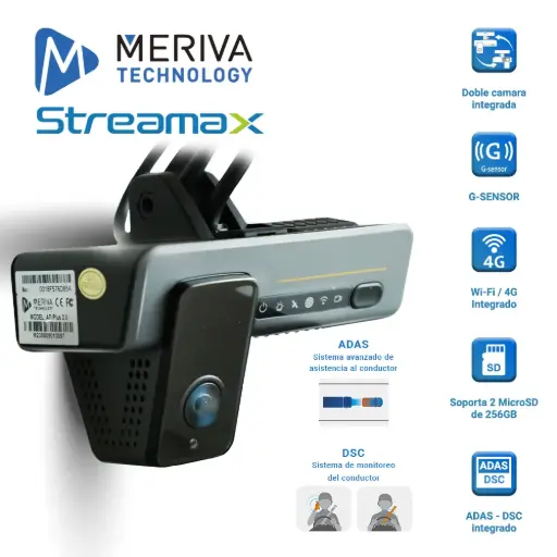 [MOD4AMER26] MDVR TIPO DASHCAM MERIVA STREAMAX ADPLUS 2.0 CON INTELIGENCIA ARTIFICIAL INTERGADA / DOBLE CAMARA INTEGRADA / 4G / GPS / WIFI / SOPORTA 2 MICRO SD / SOPORTA 4 ENTRADAS DE ALARMA 